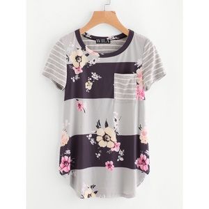 LAST ONE!🌸 Grey stripe floral T-shirt